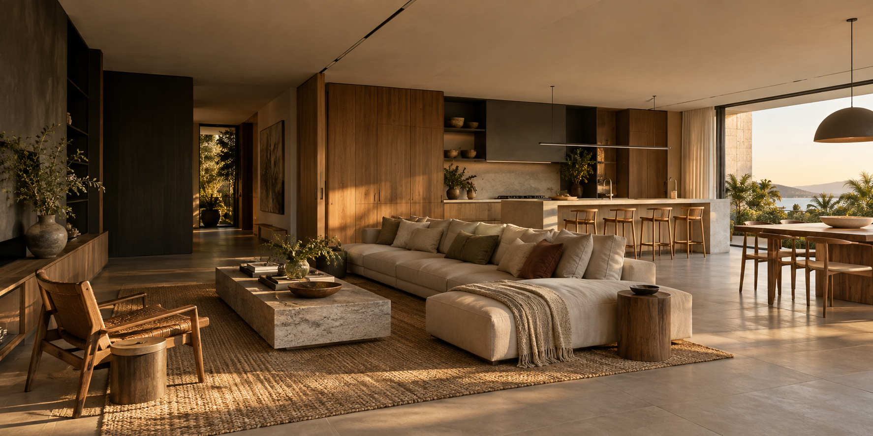 Ambiente integrado com mobiliário planejado em madeira